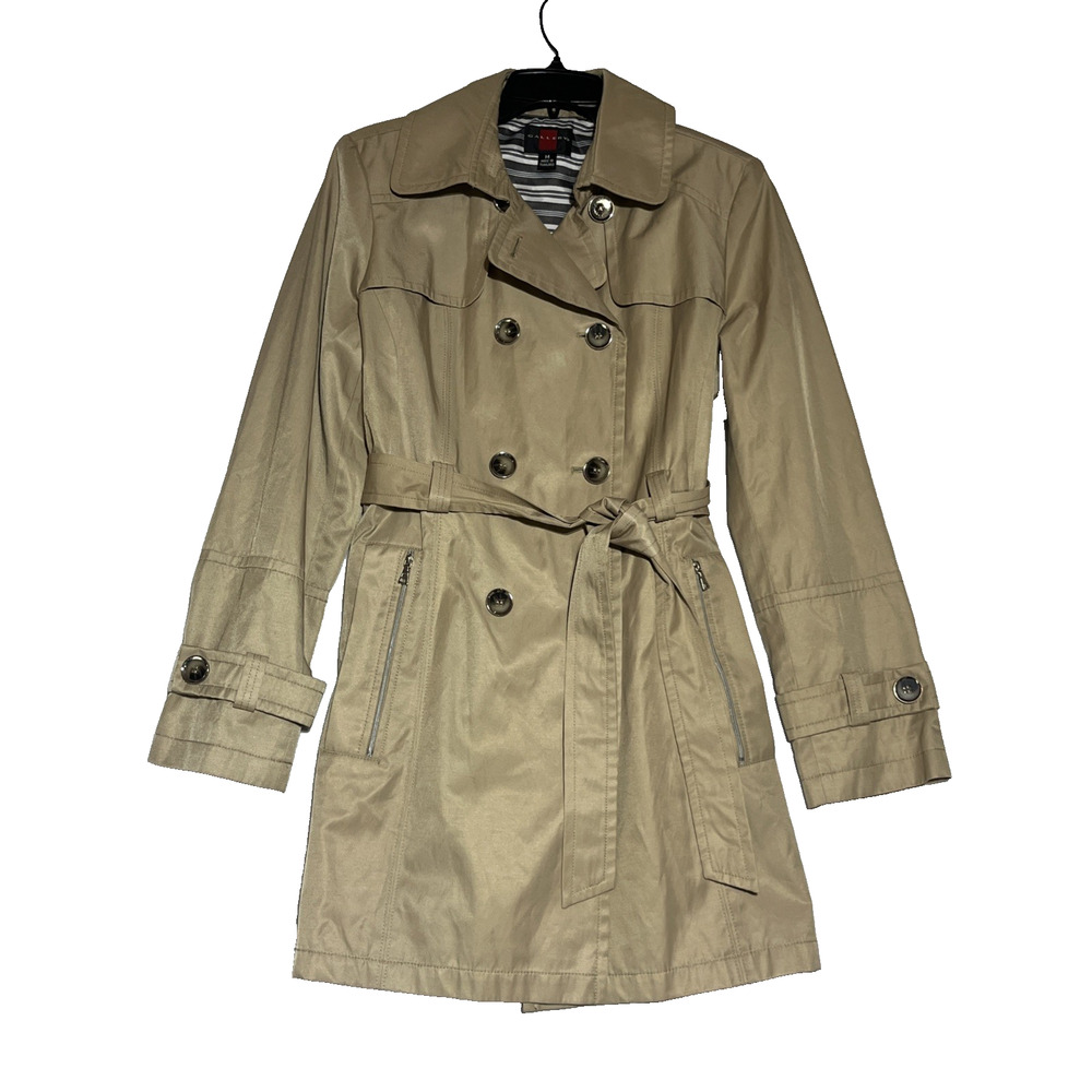 Gallery Trench Coat Womens Medium Tan Double Breasted Belted Mid Length Classic